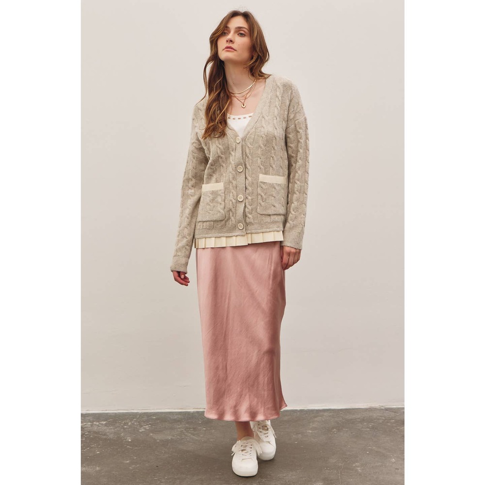 In February Oatmeal Size Small Lovely Button-Down Cable Knit Sweater Cardigan